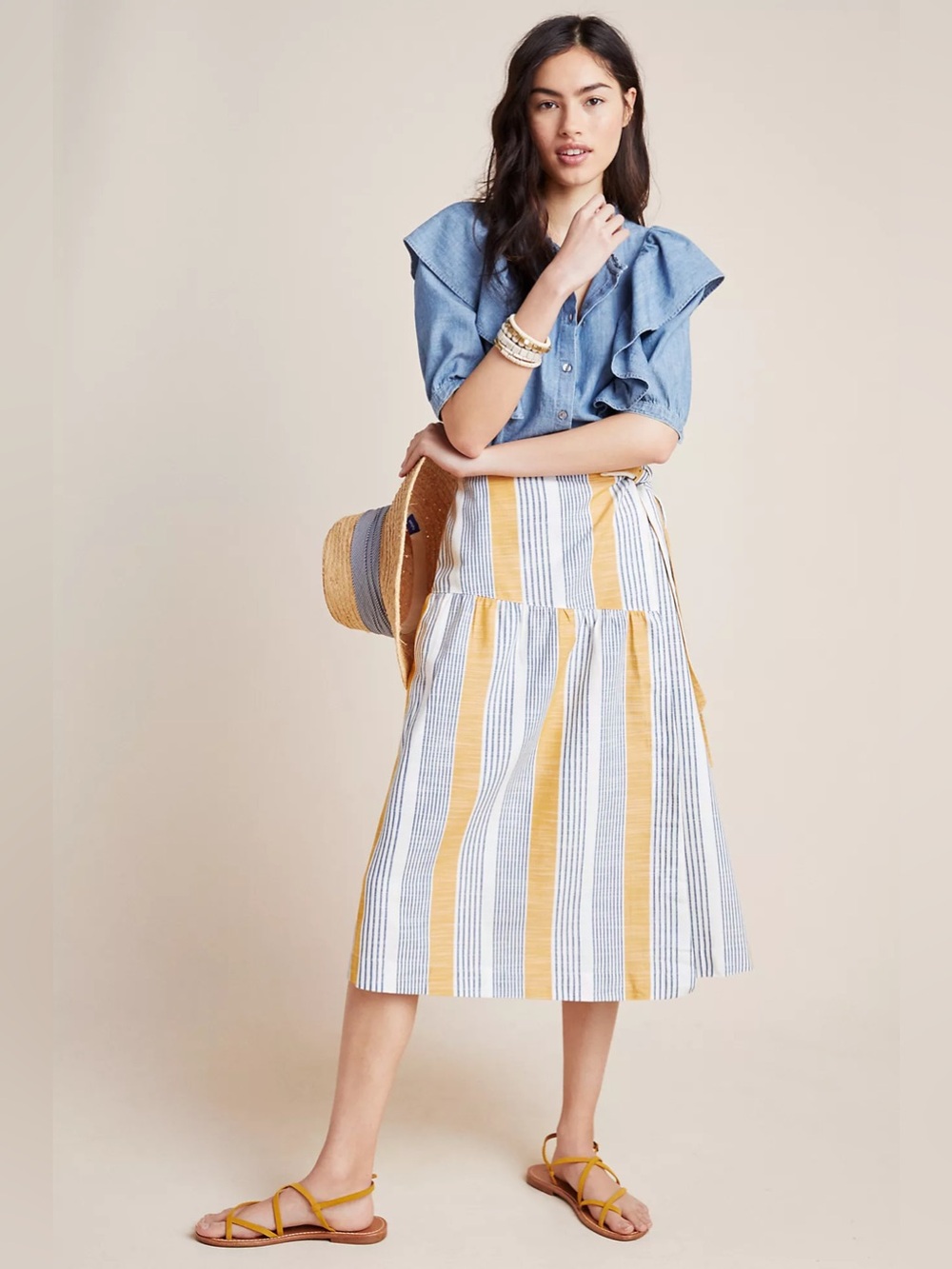 Maeve Laura Wrap Midi Skirt - Striped Cotton Blend Boho Style Size 8